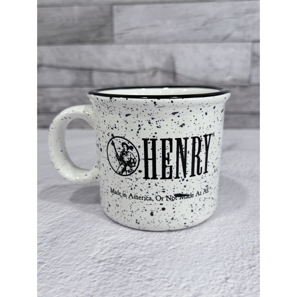Henry Repeating Arms Coffee Mug White Speckled Campfire Style Ceramic Cup